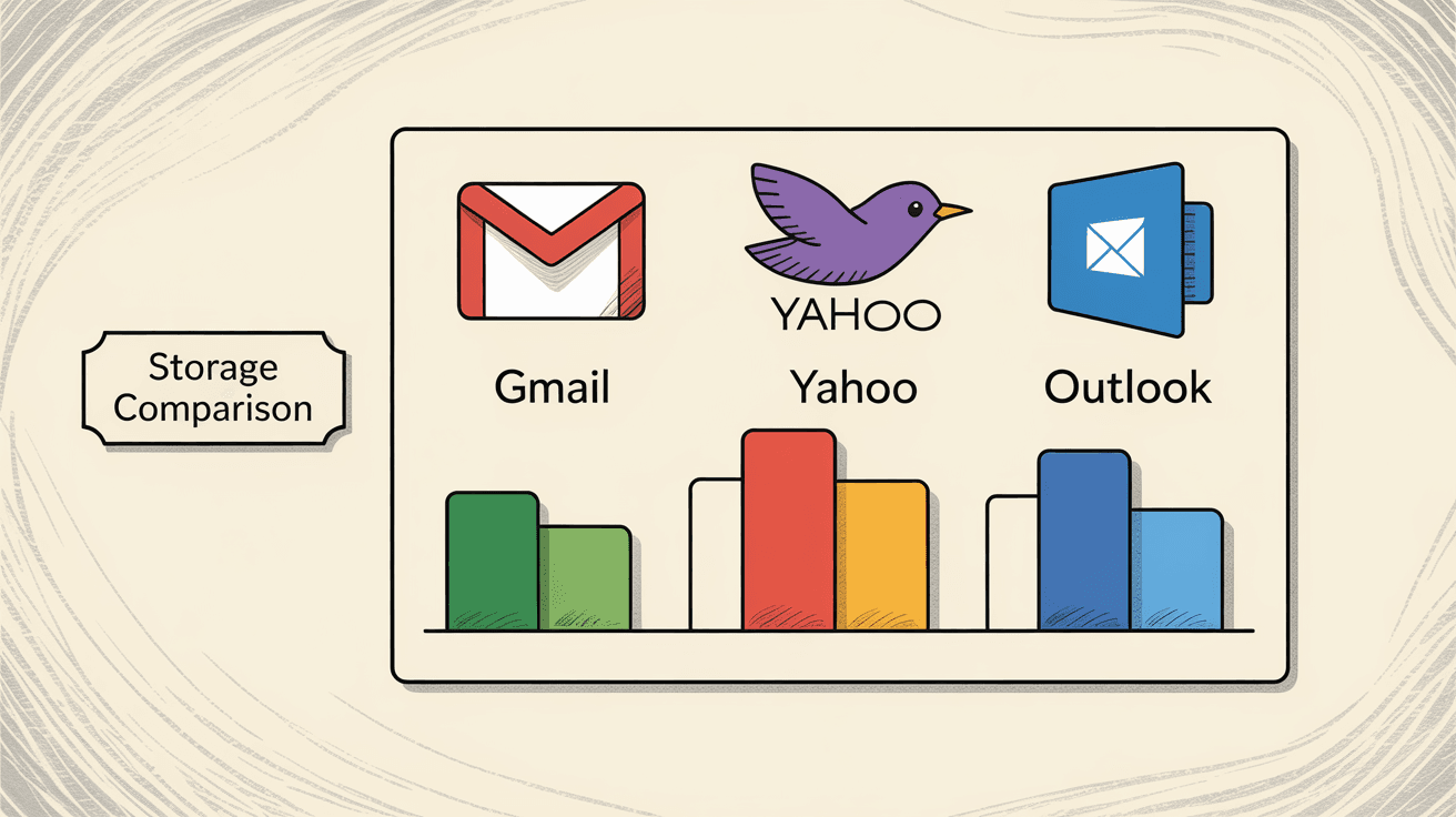 Email provider storage comparison showing Gmail, Yahoo, Outlook, and other services
